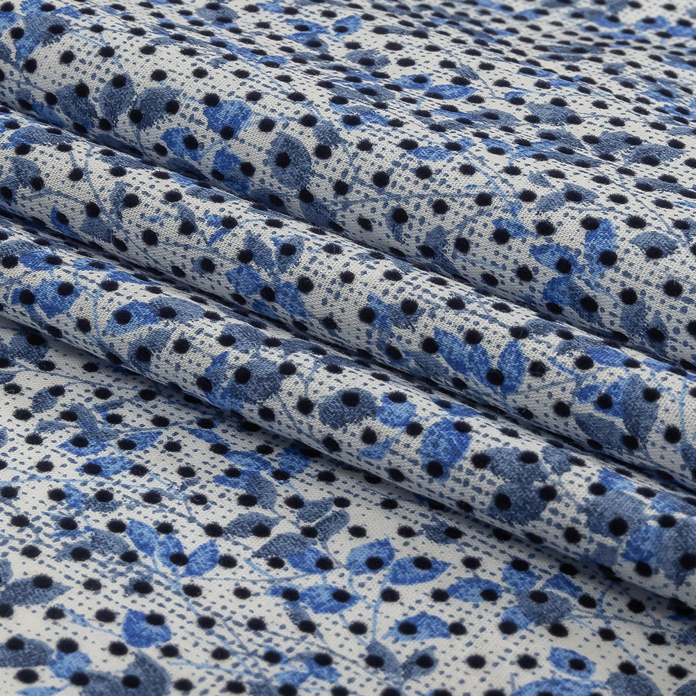 Black Flocked Polka Dots on Blue and White Leaves and Dots Stretch Cotton Shirting