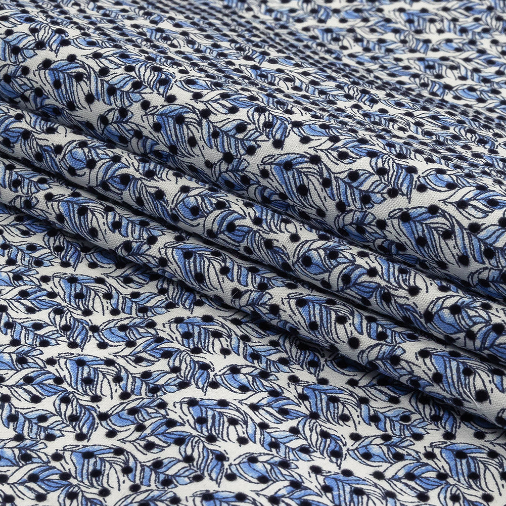 Black Flocked Polka Dots on Blue and White Leaves Stretch Cotton Shirting