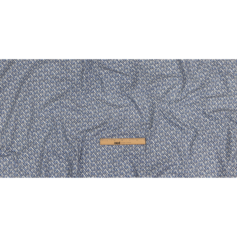 Black Flocked Polka Dots on Blue and White Leaves Stretch Cotton Shirting