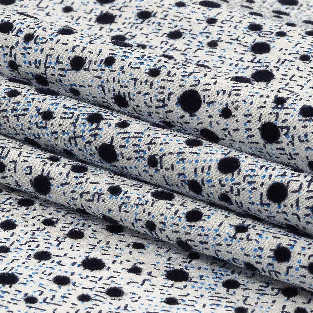 Black Flocked Polka Dots on Blue, Gray and White Abstract Stretch Cotton Shirting