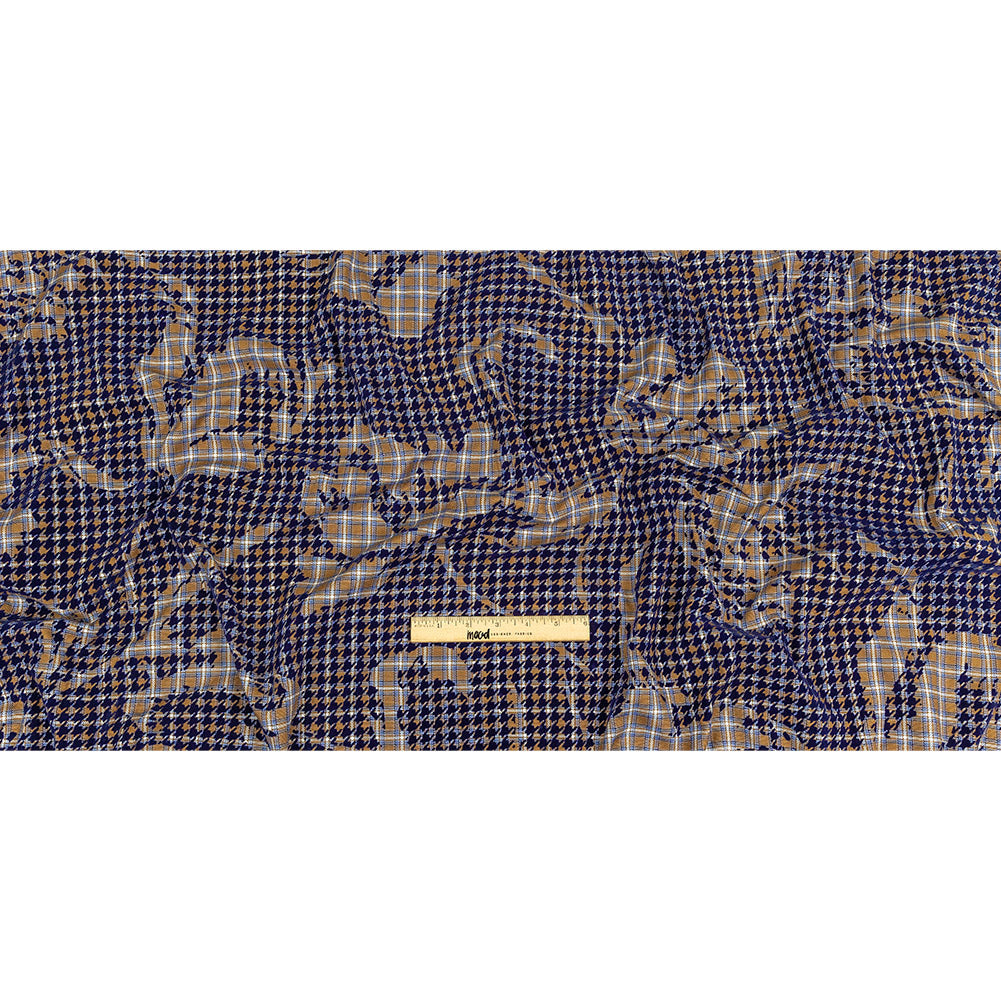 Navy, Tan and White Negative Space Florals in Flocked Houndstooth on Plaid Rustic Cotton and Polyester Woven