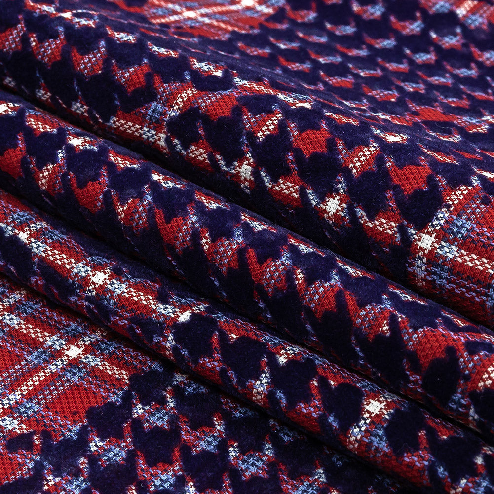 Navy, Red and White Negative Space Florals in Flocked Houndstooth on Plaid Rustic Cotton and Polyester Woven