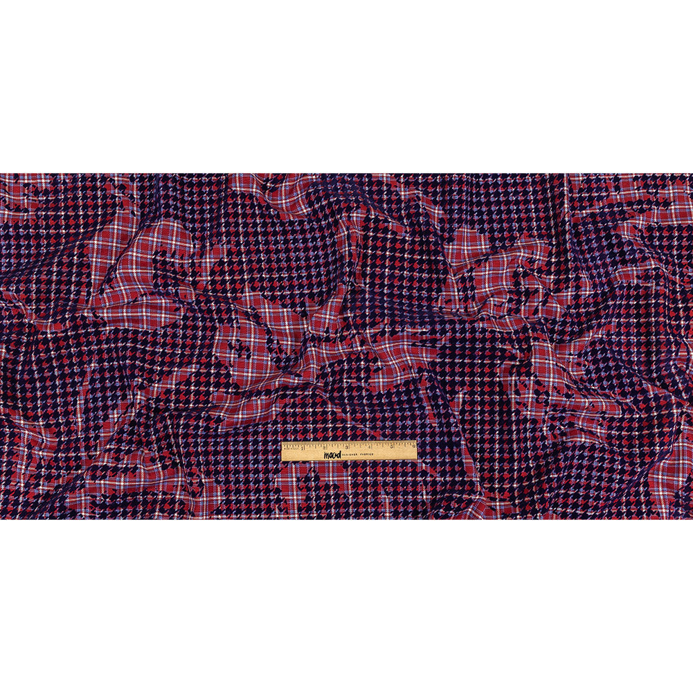 Navy, Red and White Negative Space Florals in Flocked Houndstooth on Plaid Rustic Cotton and Polyester Woven