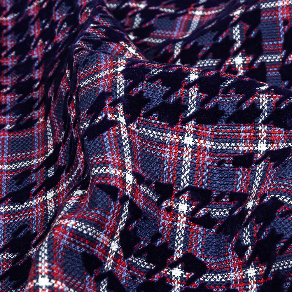Navy, Red and Estate Blue Negative Space Florals in Flocked Houndstooth on Plaid Rustic Cotton and Polyester Woven
