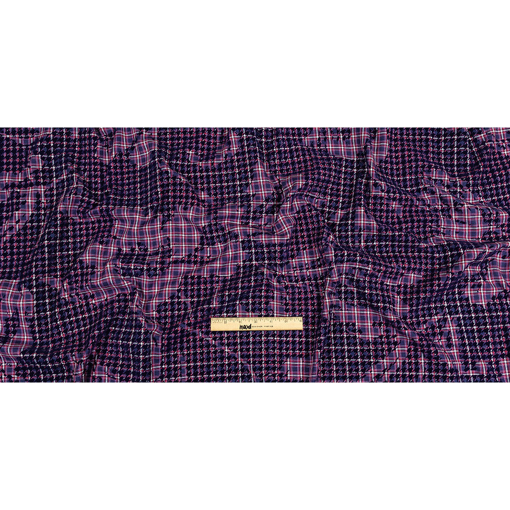 Navy, Red and Estate Blue Negative Space Florals in Flocked Houndstooth on Plaid Rustic Cotton and Polyester Woven