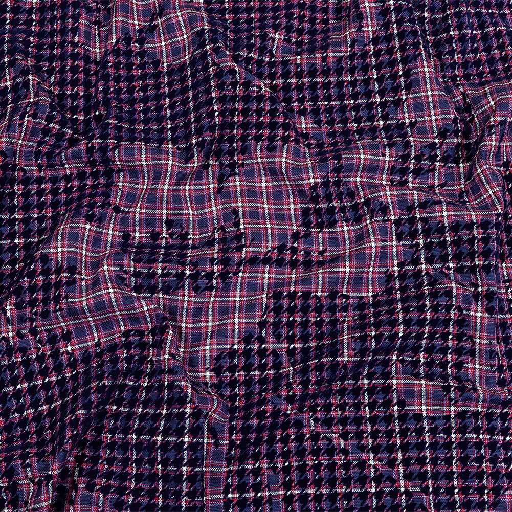Navy, Red and Estate Blue Negative Space Florals in Flocked Houndstooth on Plaid Rustic Cotton and Polyester Woven