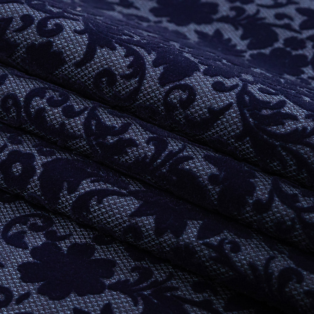Navy Flocked Classical Florals on Diamond Cotton and Polyester Dobby