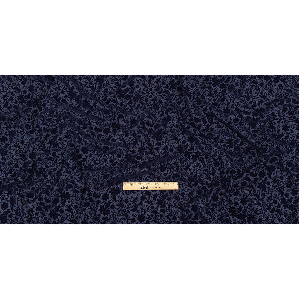 Navy Flocked Classical Florals on Diamond Cotton and Polyester Dobby