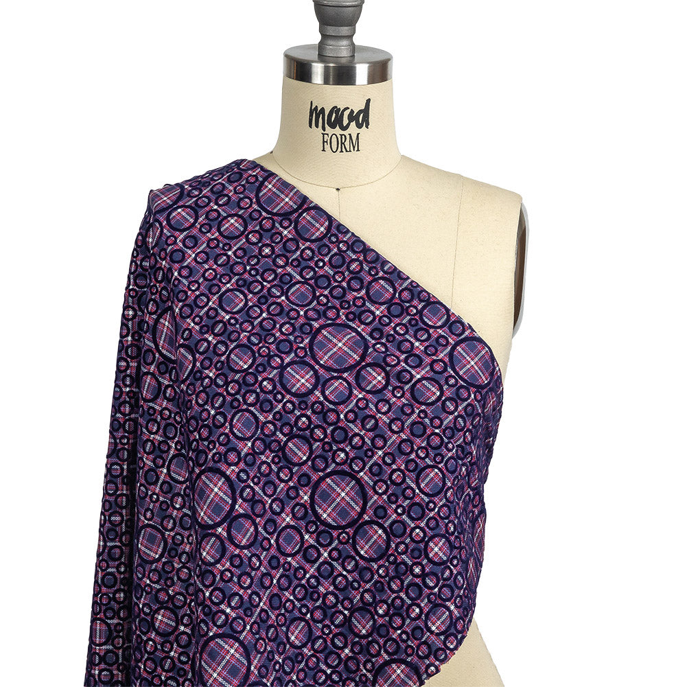 Estate Blue, Red and Navy Flocked Circles on Plaid Rustic Cotton and Polyester Woven