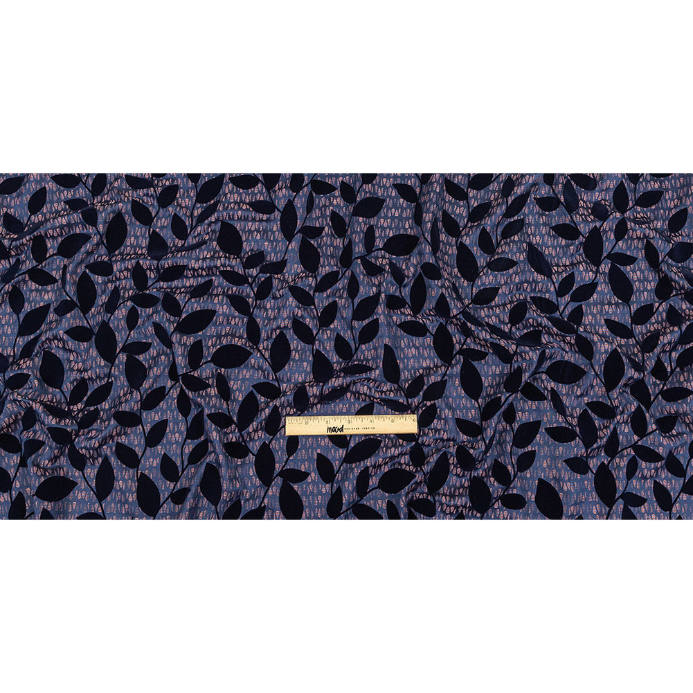 Navy Flocked Leafy Vines on Lilac, Orange and Blue Striped Teardrops Cotton and Polyester Jacquard