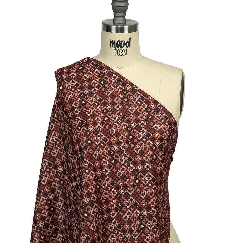 Burgundy Flocked Polka Dots on Russet Brown, Yellow and Black Bean Squares Stretch Cotton Twill
