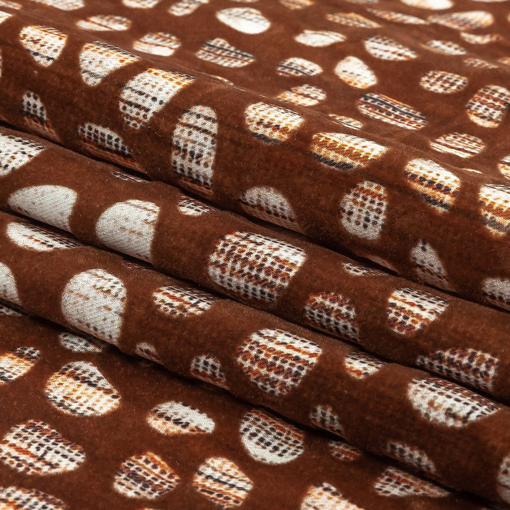 Brown Flocked Bubbles on Brown, Orange and White Distressed Stripes Printed Stretch Cotton Twill