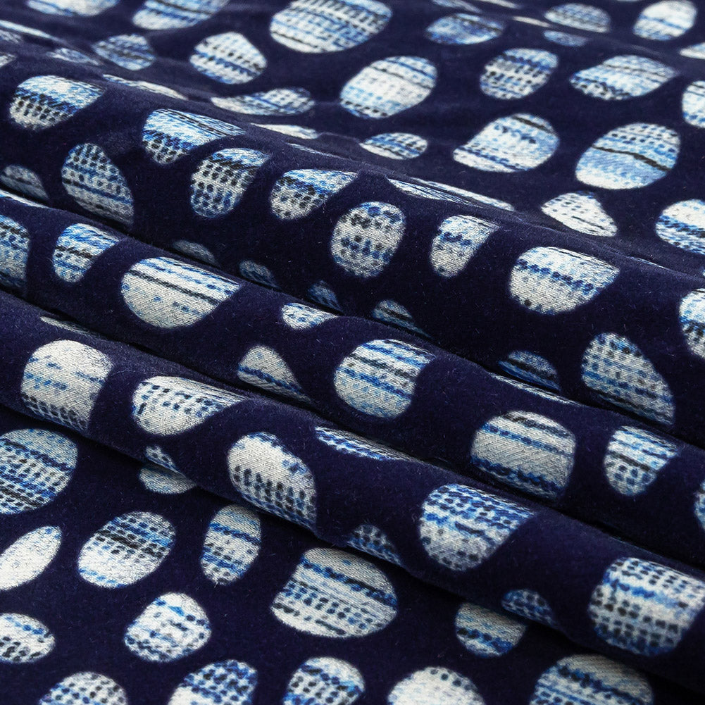 Navy Flocked Bubbles on Blue and White Distressed Stripes Printed Stretch Cotton Twill