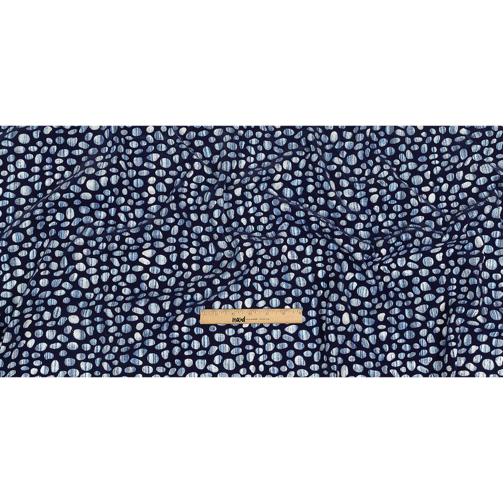 Navy Flocked Bubbles on Blue and White Distressed Stripes Printed Stretch Cotton Twill