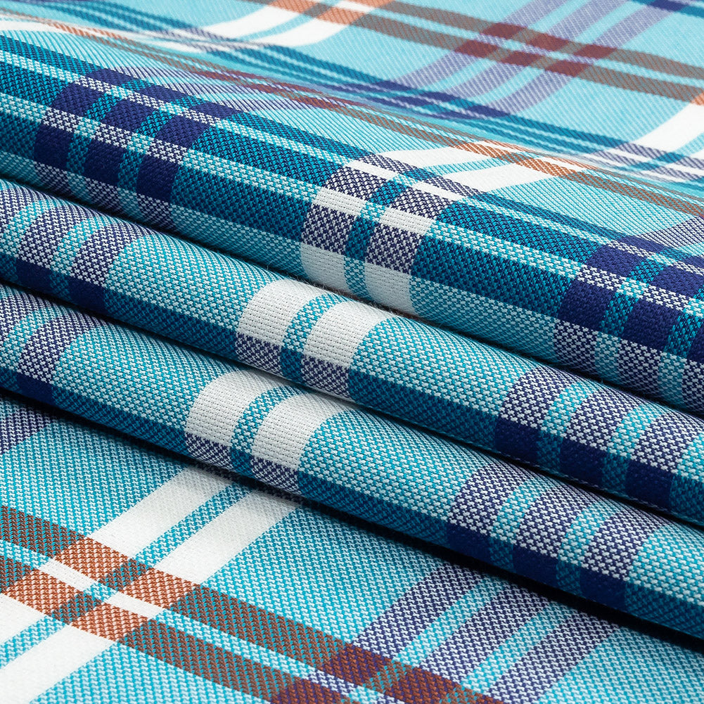 Blue, Orange and White Plaid Cotton and Polyester Dobby