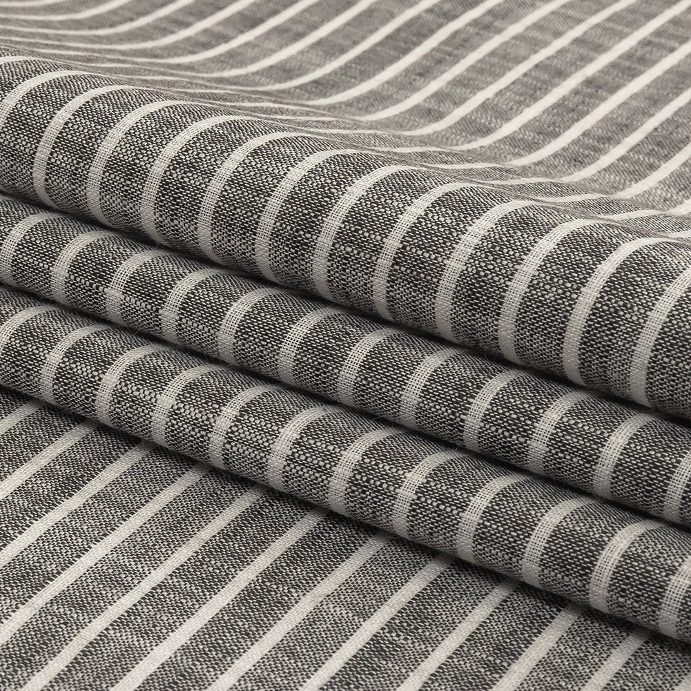 Black and White Striped Slubbed Cotton and Polyester Woven