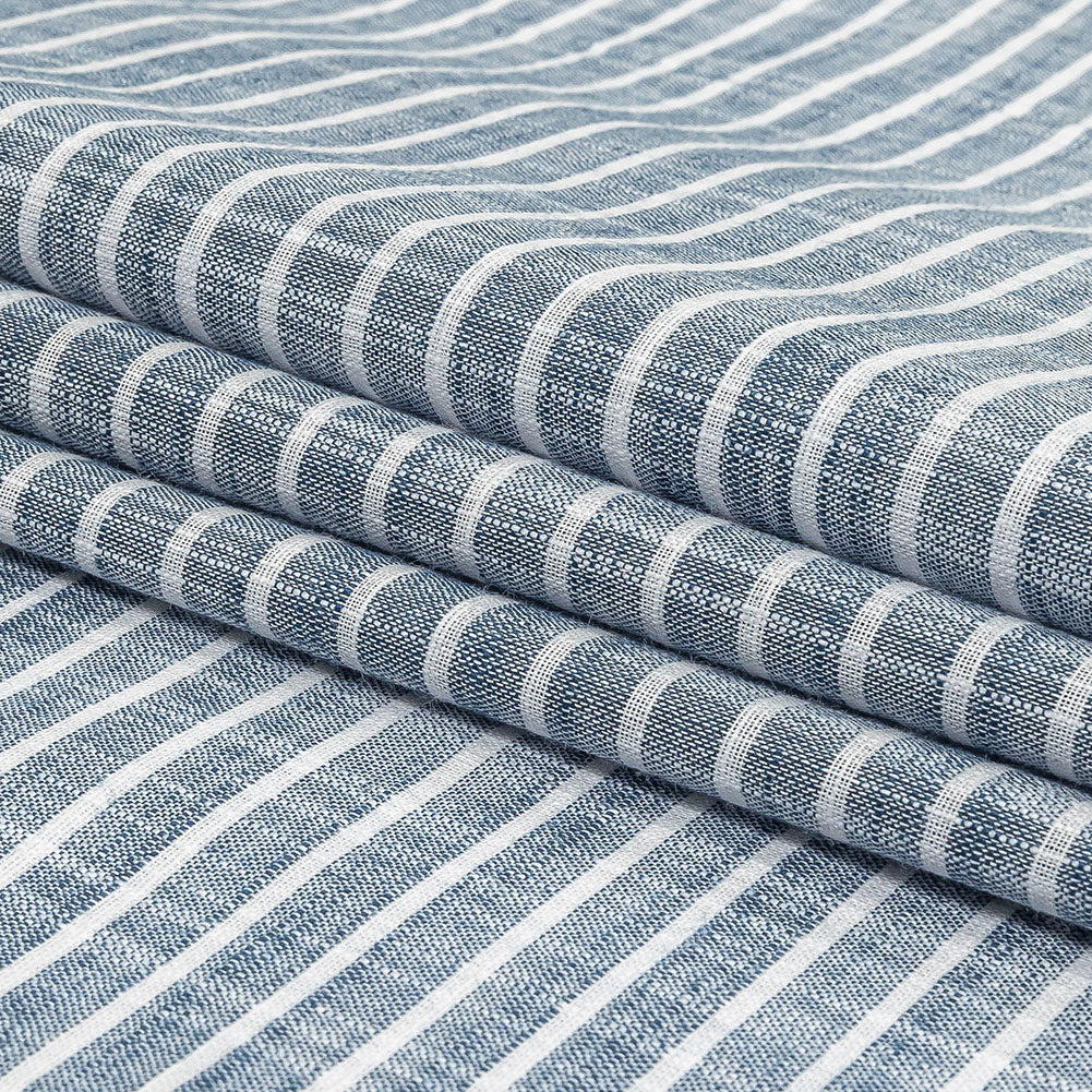 Colony Blue and White Striped Slubbed Cotton and Polyester Woven