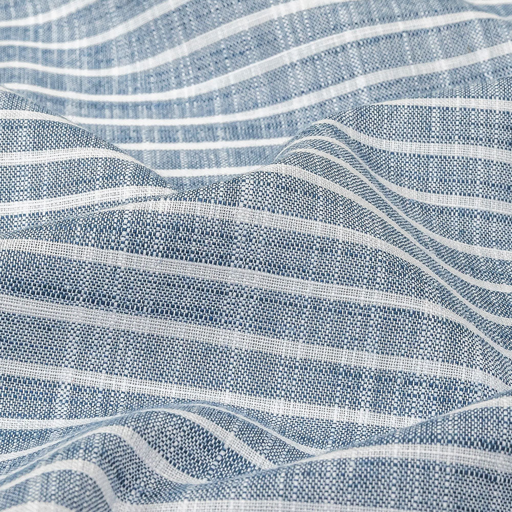 Colony Blue and White Striped Slubbed Cotton and Polyester Woven