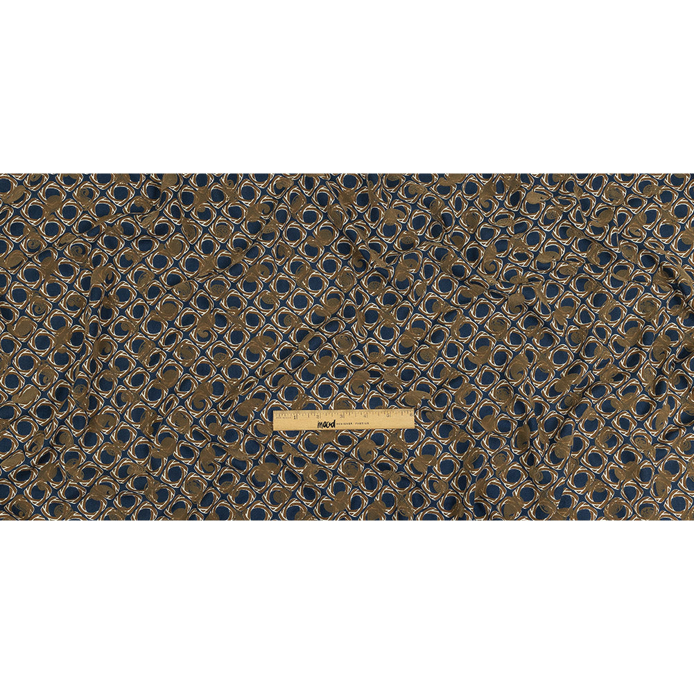 Beige and Navy Flocked Paisley on Twisted Squares Printed Viscose Woven