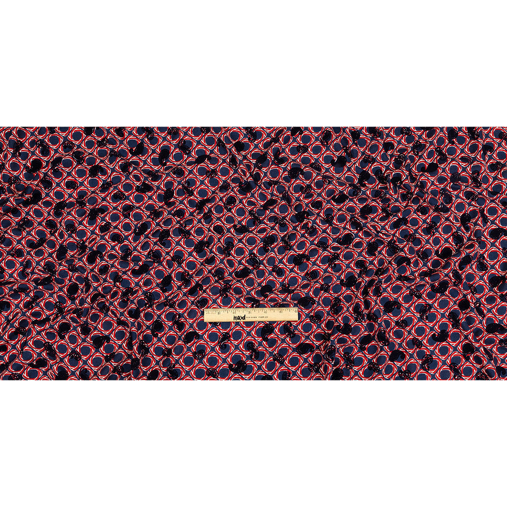Salsa and Navy Flocked Paisley on Twisted Squares Printed Viscose Woven