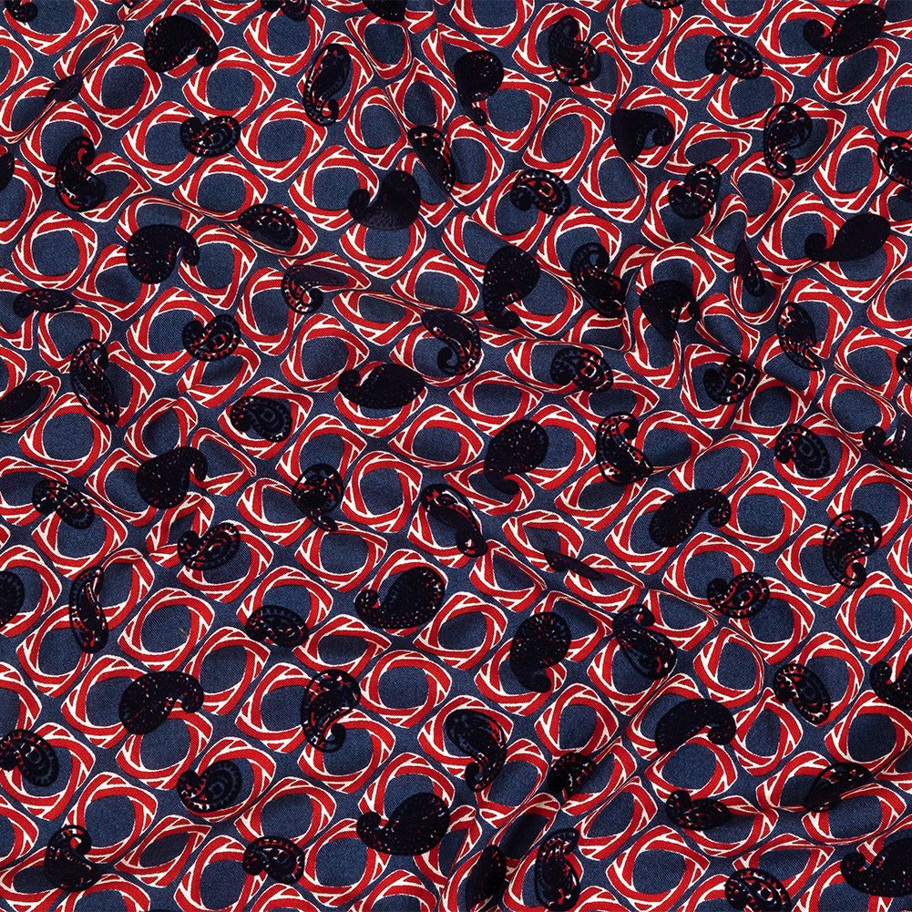 Salsa and Navy Flocked Paisley on Twisted Squares Printed Viscose Woven