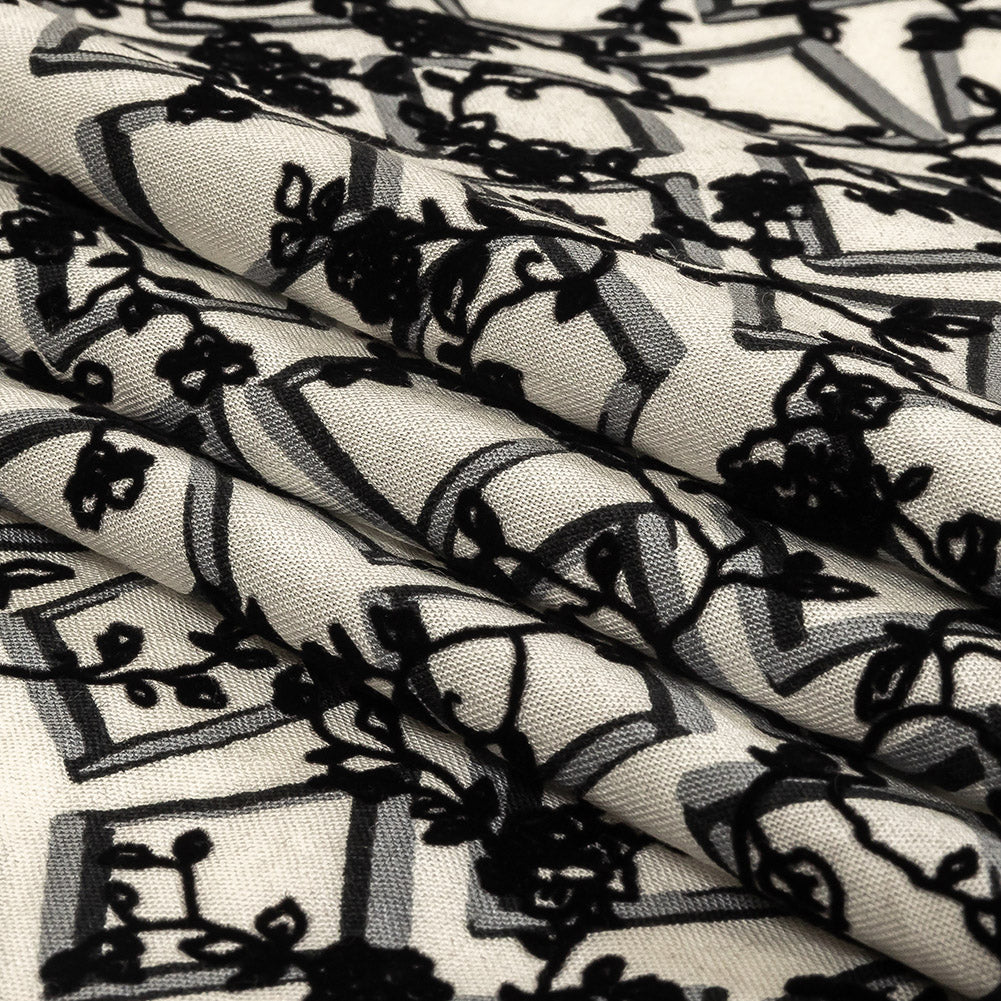 Black and White Flocked Florals on Tossed Squares Printed Viscose Woven