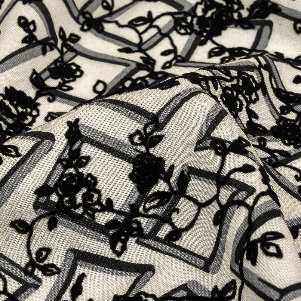 Black and White Flocked Florals on Tossed Squares Printed Viscose Woven