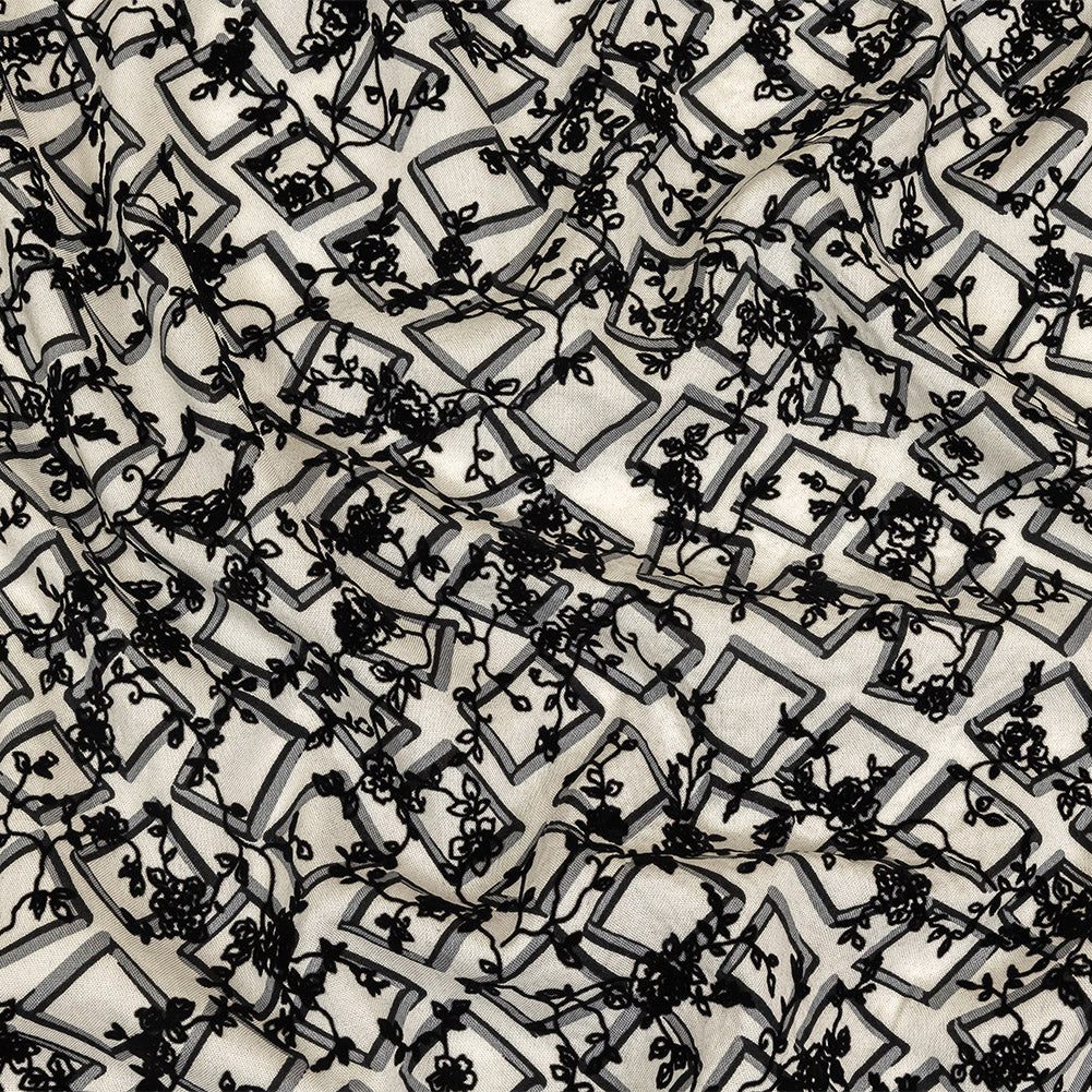 Black and White Flocked Florals on Tossed Squares Printed Viscose Woven