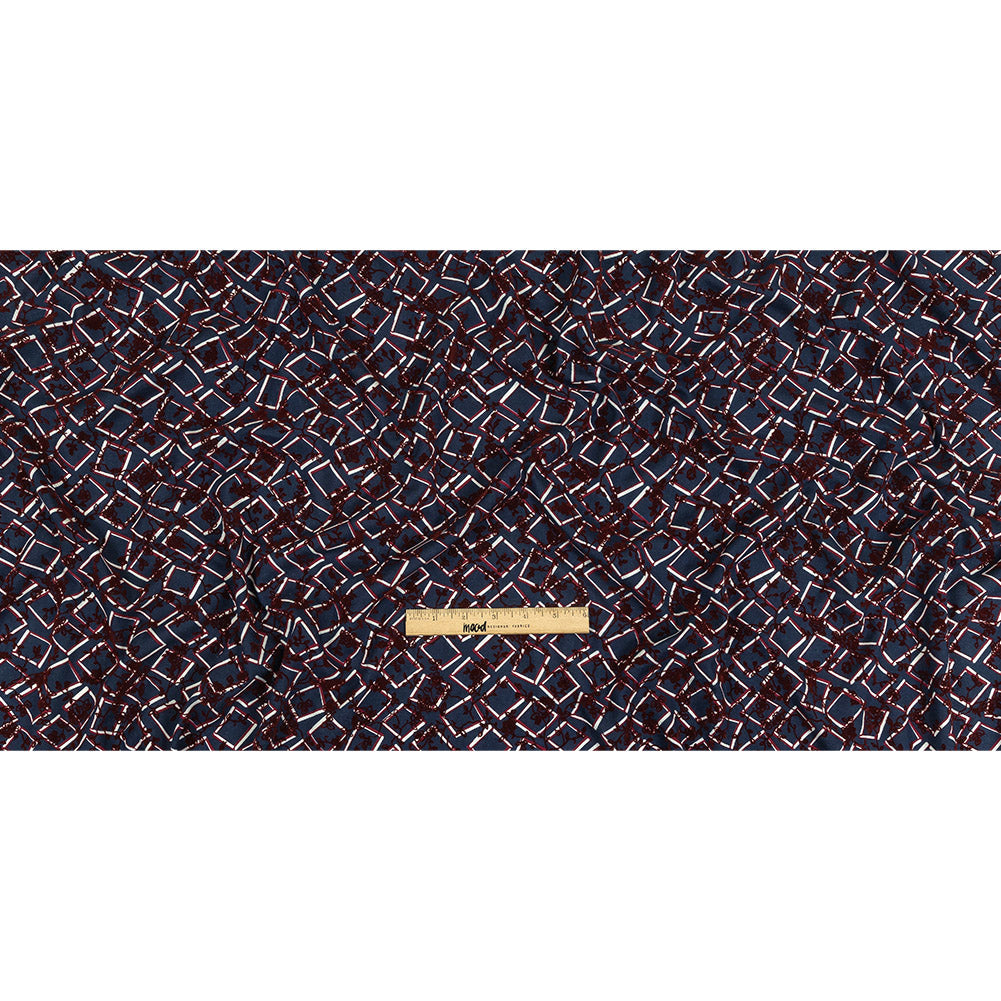 Burgundy, White and Navy Flocked Florals on Tossed Squares Printed Viscose Woven