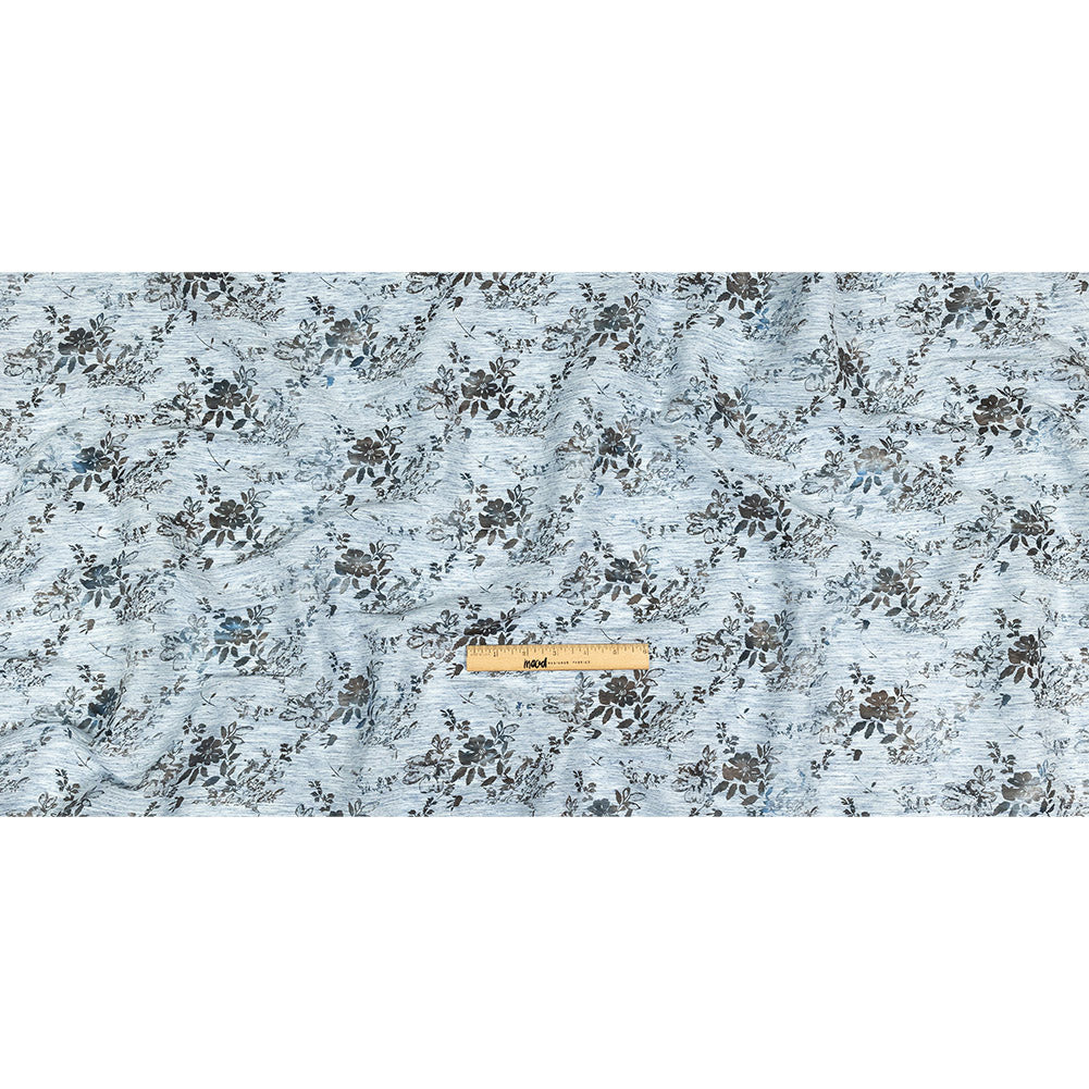 Soft Blue and Gunmetal Foiled Flowers Striated Stretch Cotton Woven