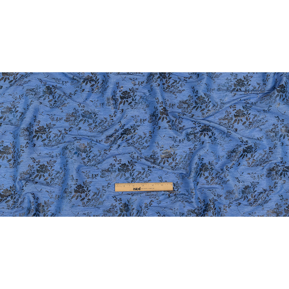 Bright Blue and Gray Foiled Flowers Striated Stretch Cotton Woven