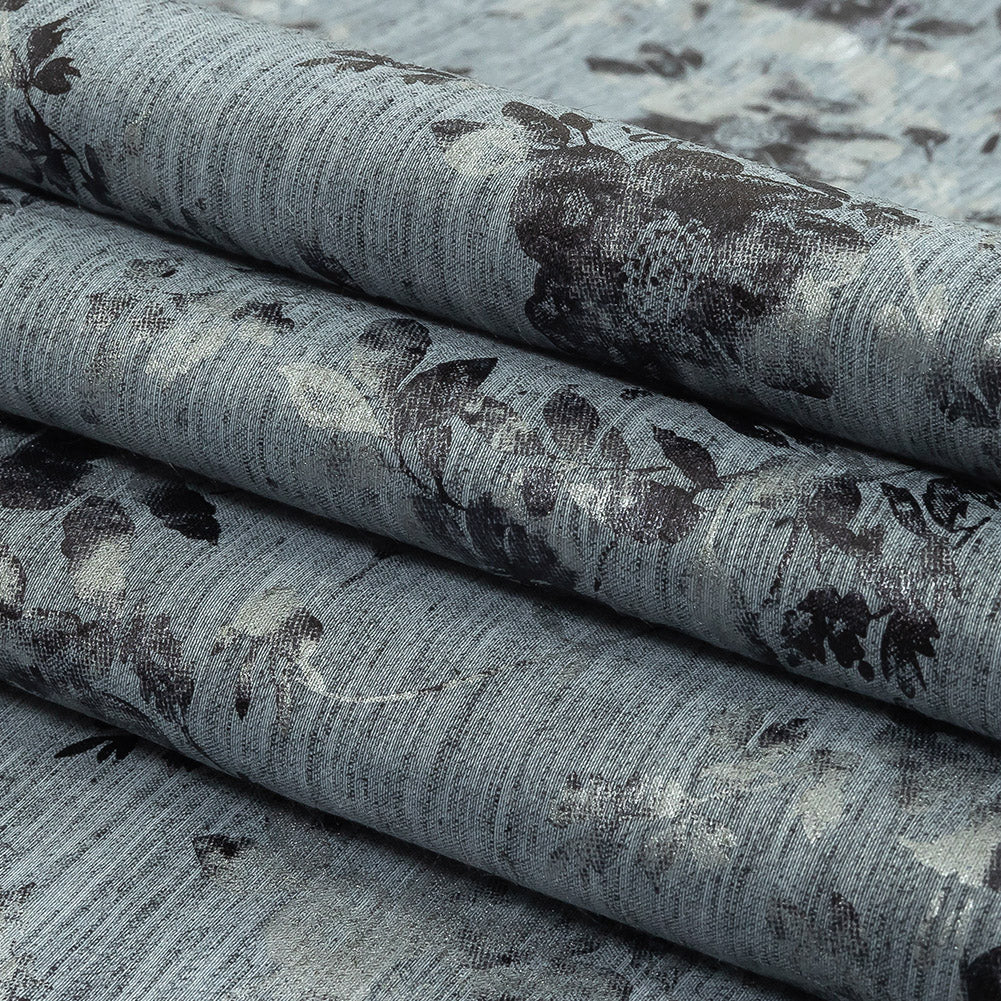 Steel Blue, Silver and Gunmetal Foiled Flowers Striated Stretch Cotton Woven