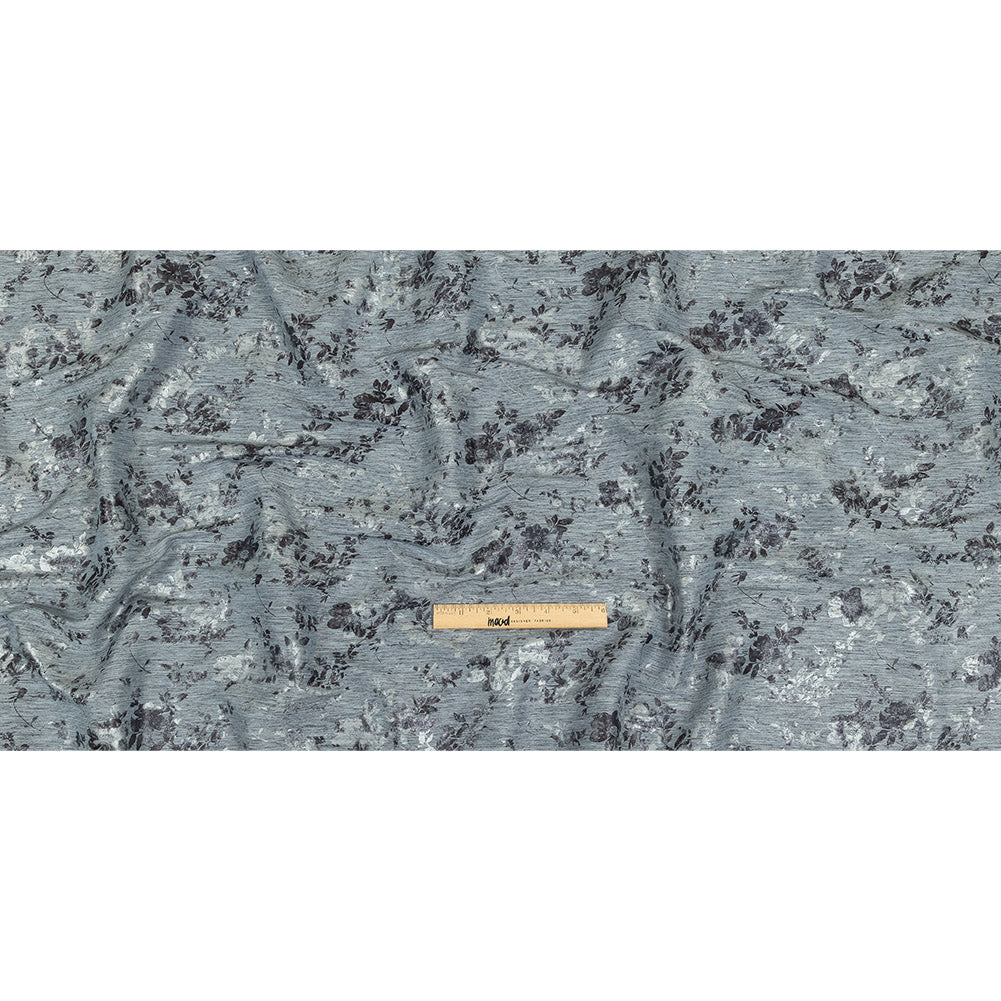 Steel Blue, Silver and Gunmetal Foiled Flowers Striated Stretch Cotton Woven