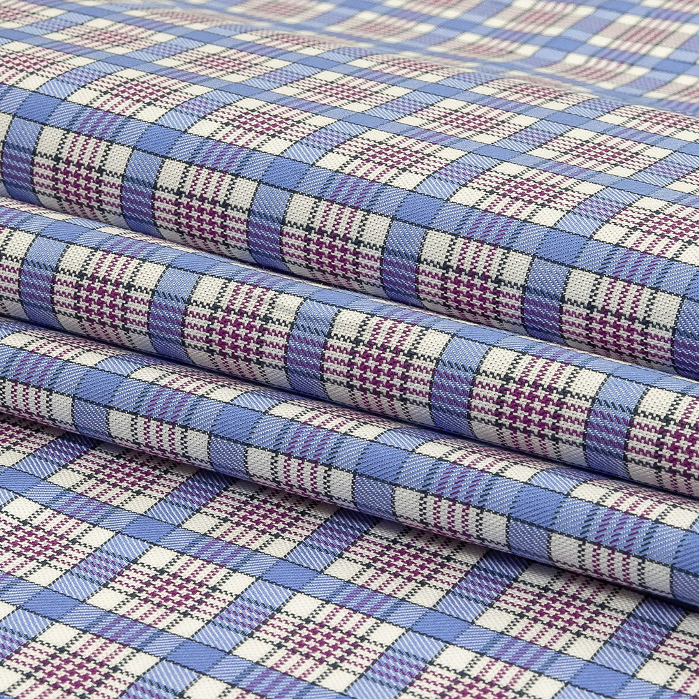 Violet, Wedgewood and White Plaid Twill Cotton Shirting