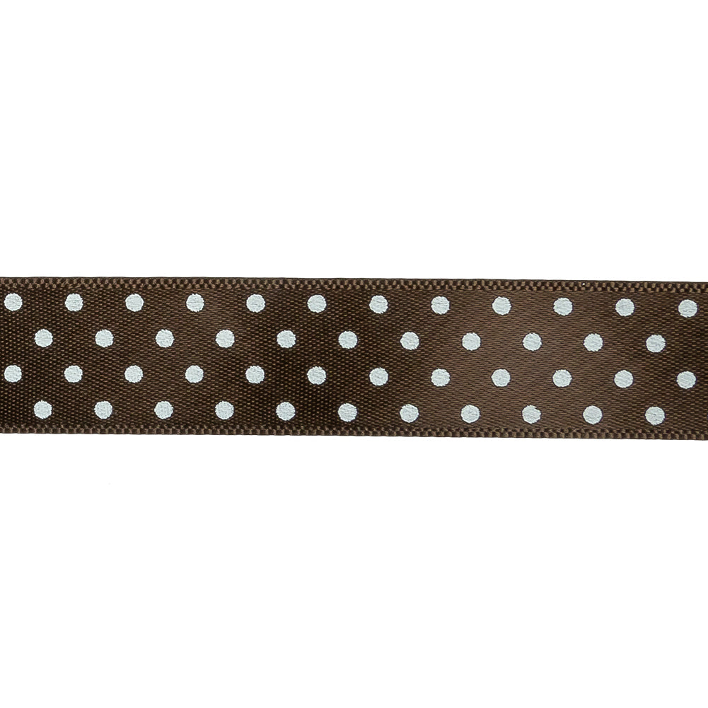 Brown and White Polka Dot Satin Ribbon - 0.625"
