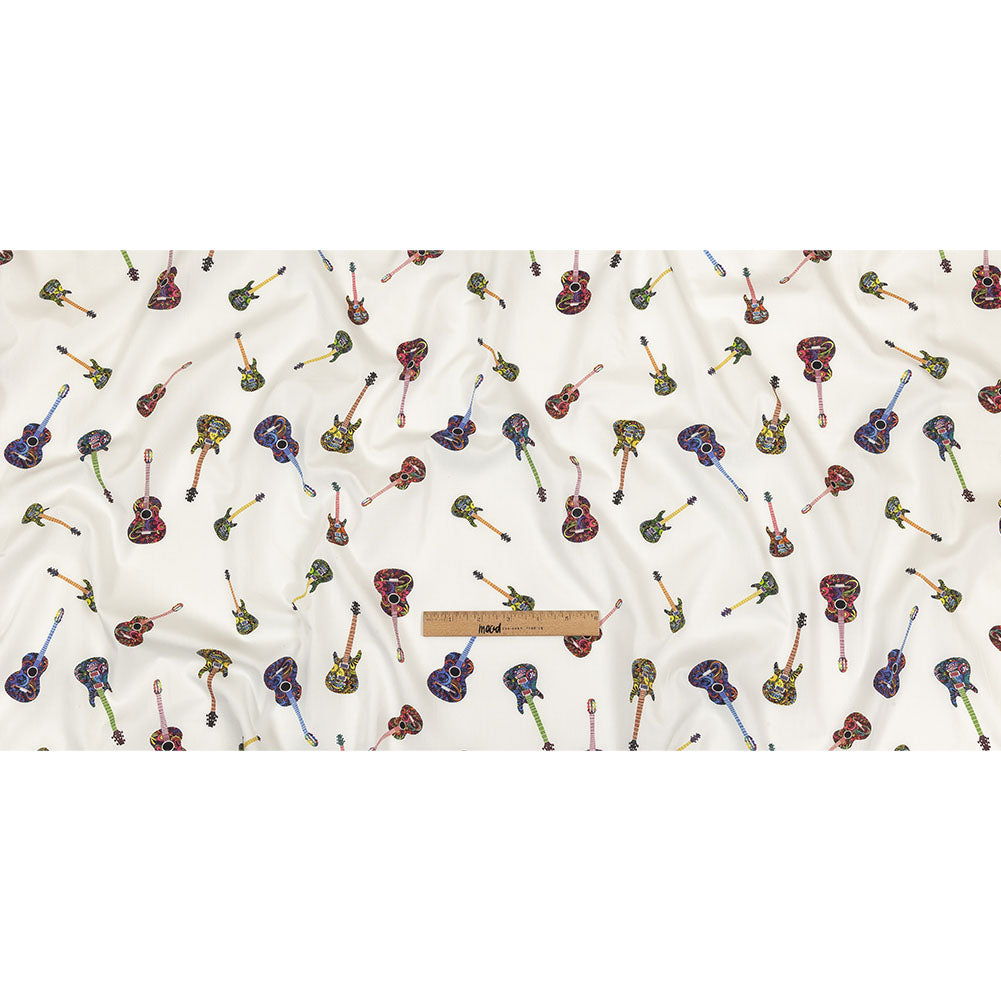 Blanc de Blanc and Multicolor Decorated Guitars Cotton Shirting