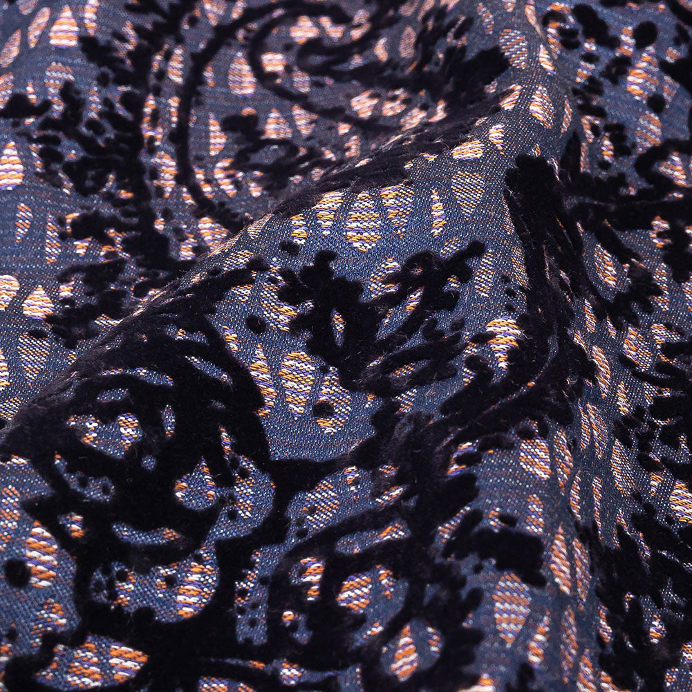 Orange, Purple and Blue Stripes and Teardrops Cotton and Polyester Jacquard with Navy Paisley Flocking