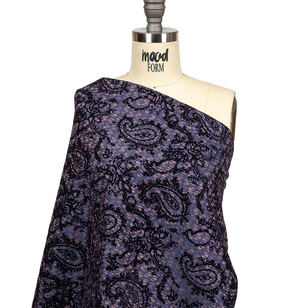 Orange, Purple and Blue Stripes and Teardrops Cotton and Polyester Jacquard with Navy Paisley Flocking