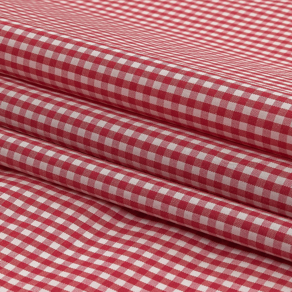 Red and White Checked Cotton and Polyester Shirting