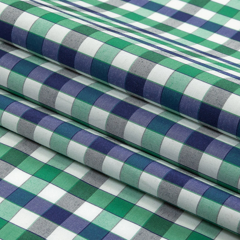 Blueprint, Pine Green and White Checkered Cotton and Polyester Shirting