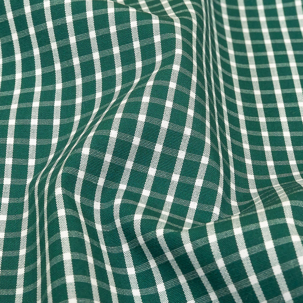 Evergreen and White Checkered Cotton and Polyester Shirting
