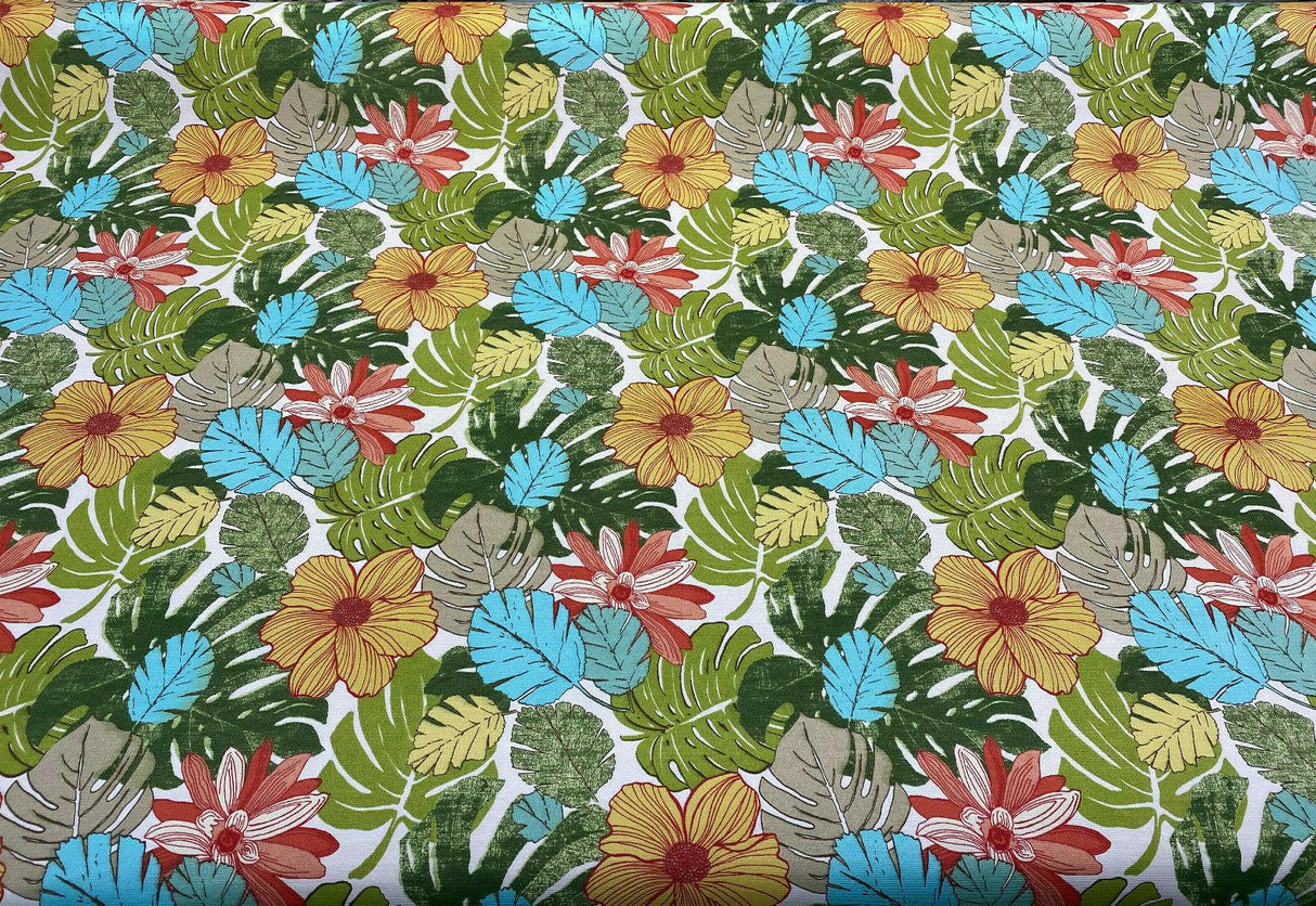 Saldiva Caribbean Polyester Fabric - Ivory, Green, Red, Light Green, Dark Green, Teal Blue Floral, 54" Width (1 Yard)
