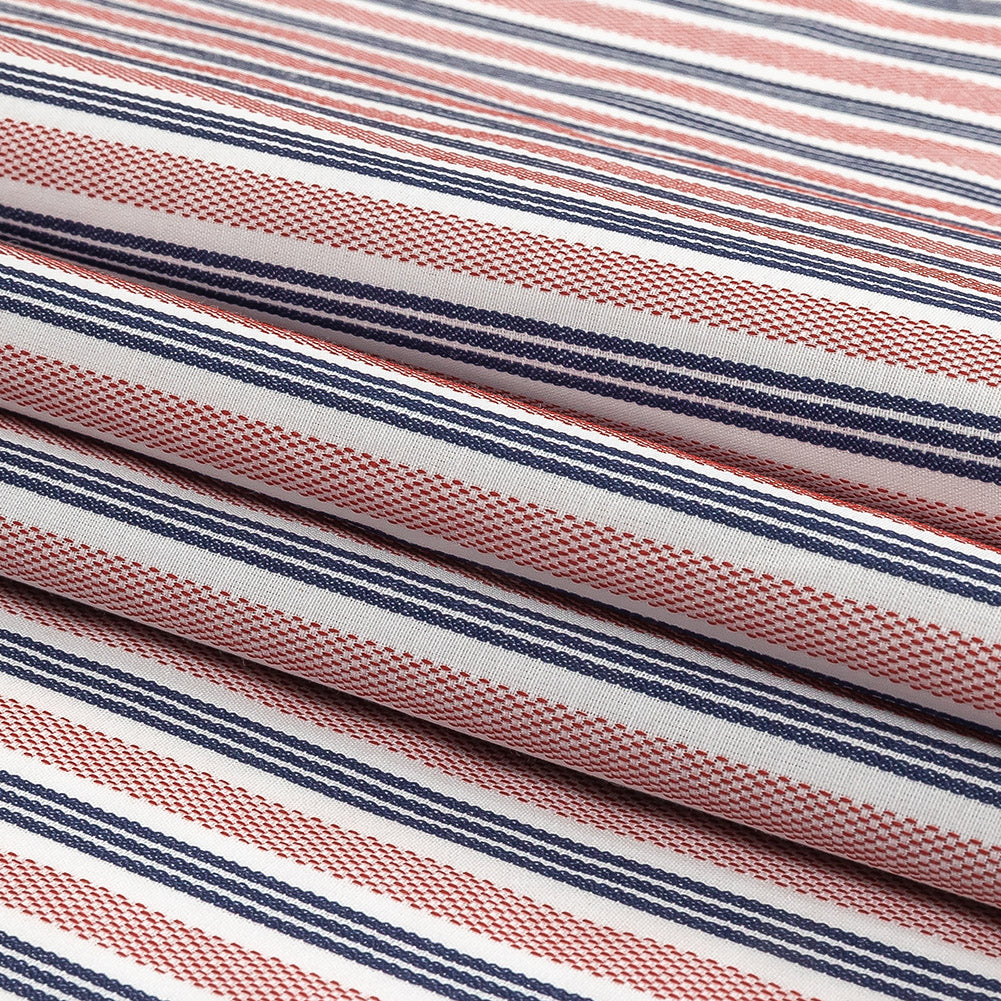 Red, Navy and White Striped Cotton and Polyester Dobby
