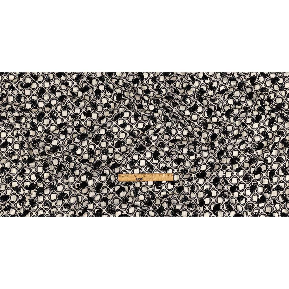 Black and White Flocked Paisley on Twisted Squares Printed Viscose Woven
