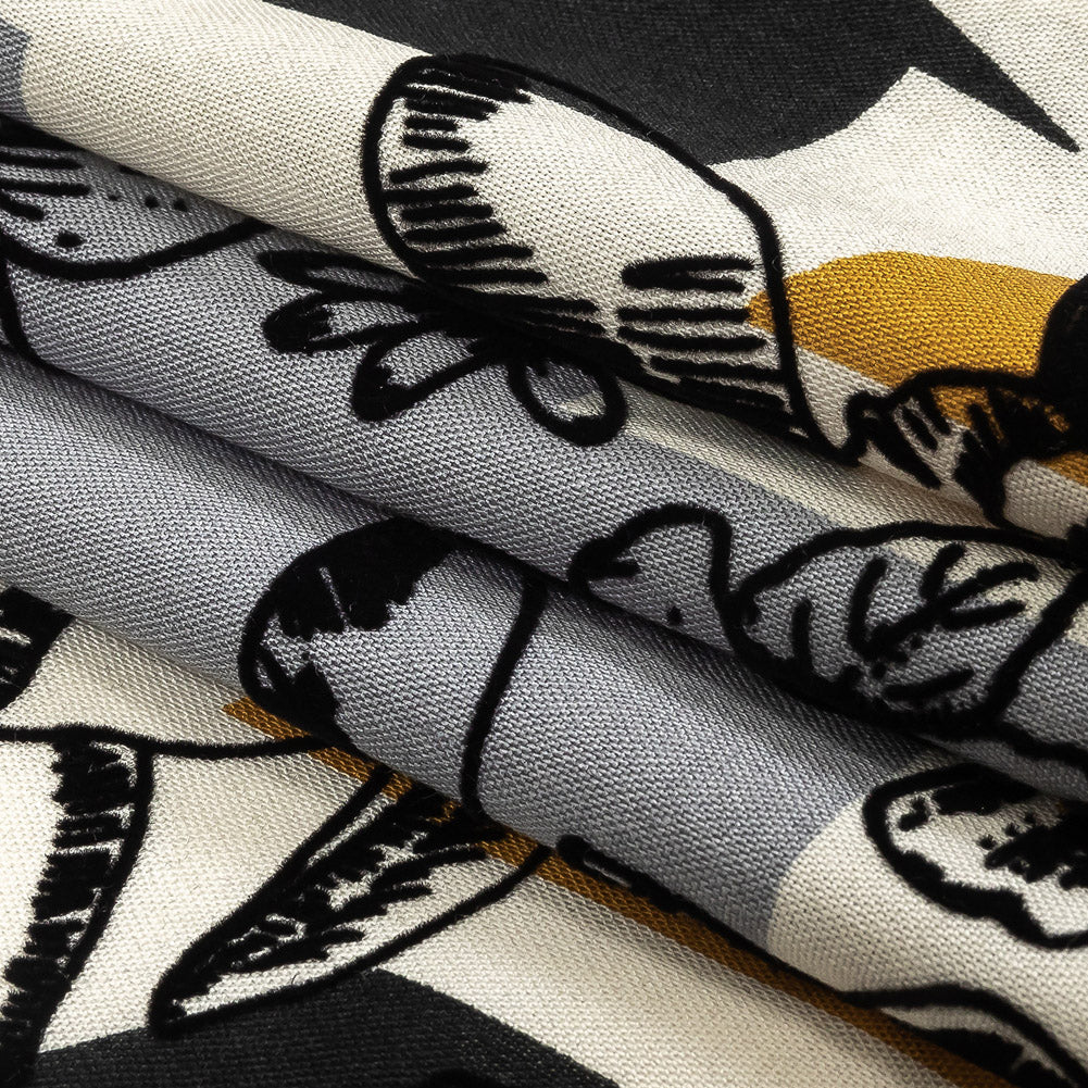 Black, Gray and Harvest Gold Flocked Flowers on Geometric Printed Viscose Woven