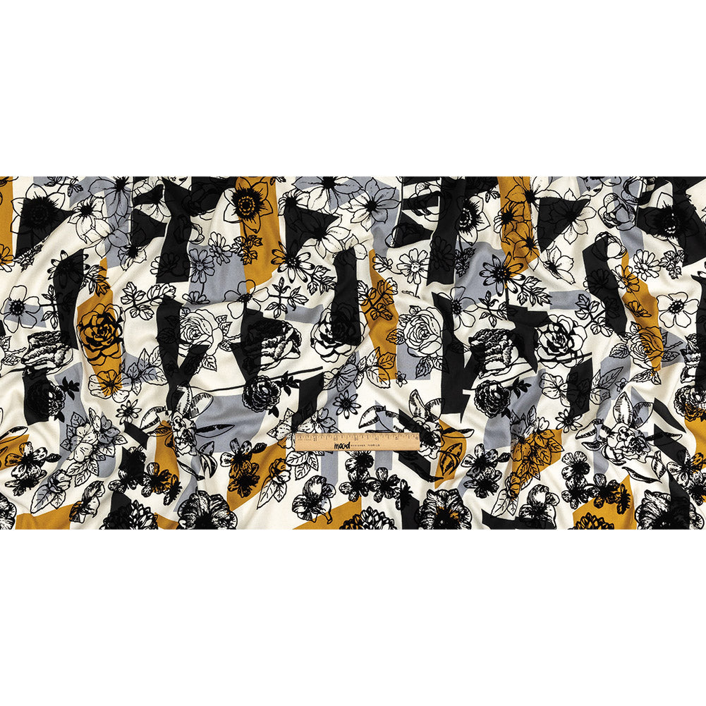 Black, Gray and Harvest Gold Flocked Flowers on Geometric Printed Viscose Woven