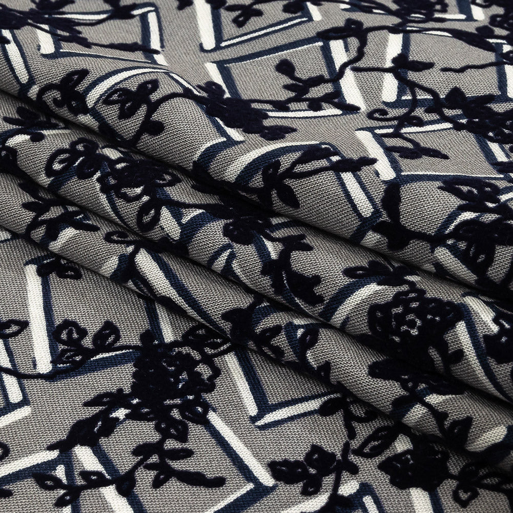 Gray, White and Navy Flocked Florals on Tossed Squares Printed Viscose Woven