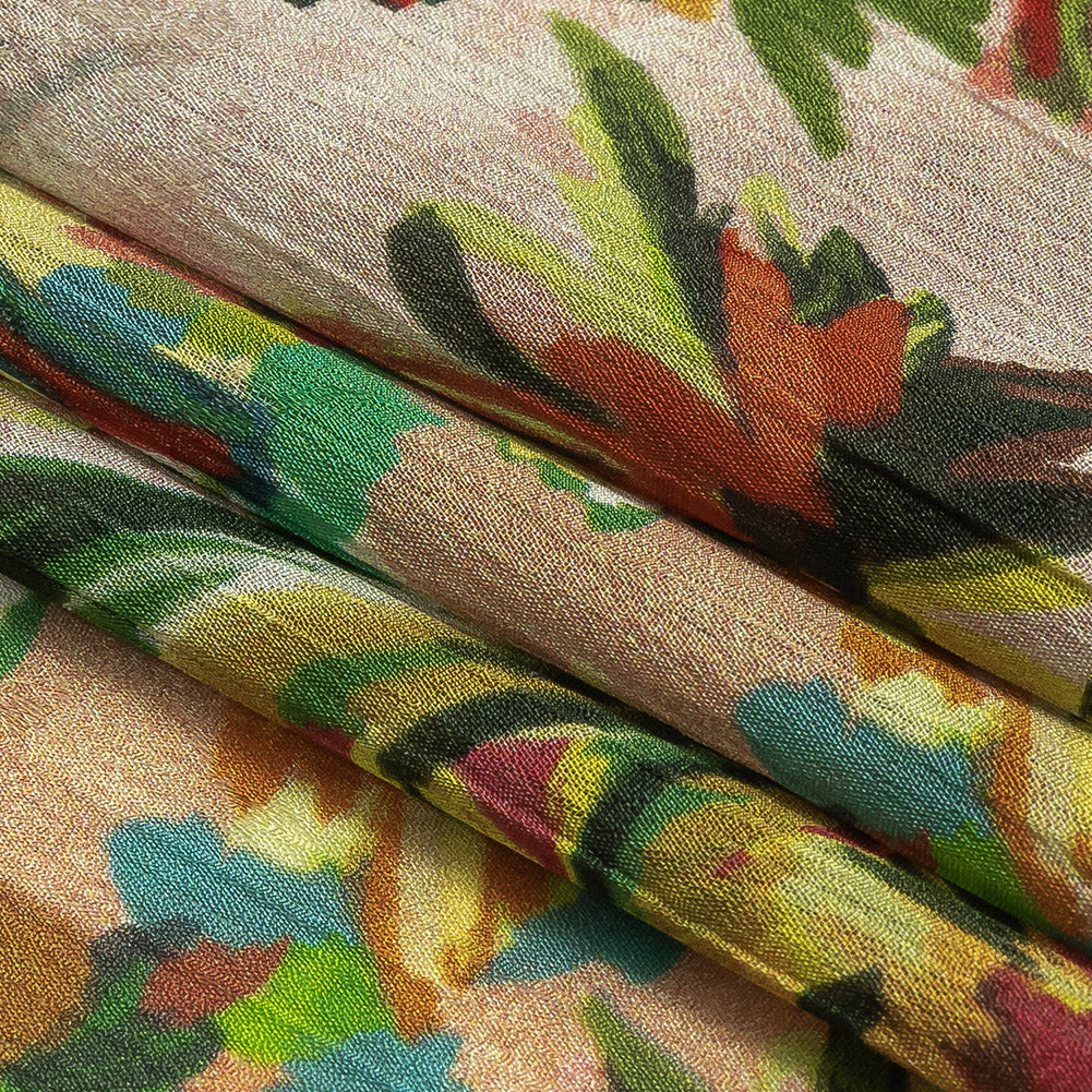 Crinkled Leafy Polyester Jacquard Print - Yellow, Red and Green Palm Trees - Mood Exclusive Beach Babe