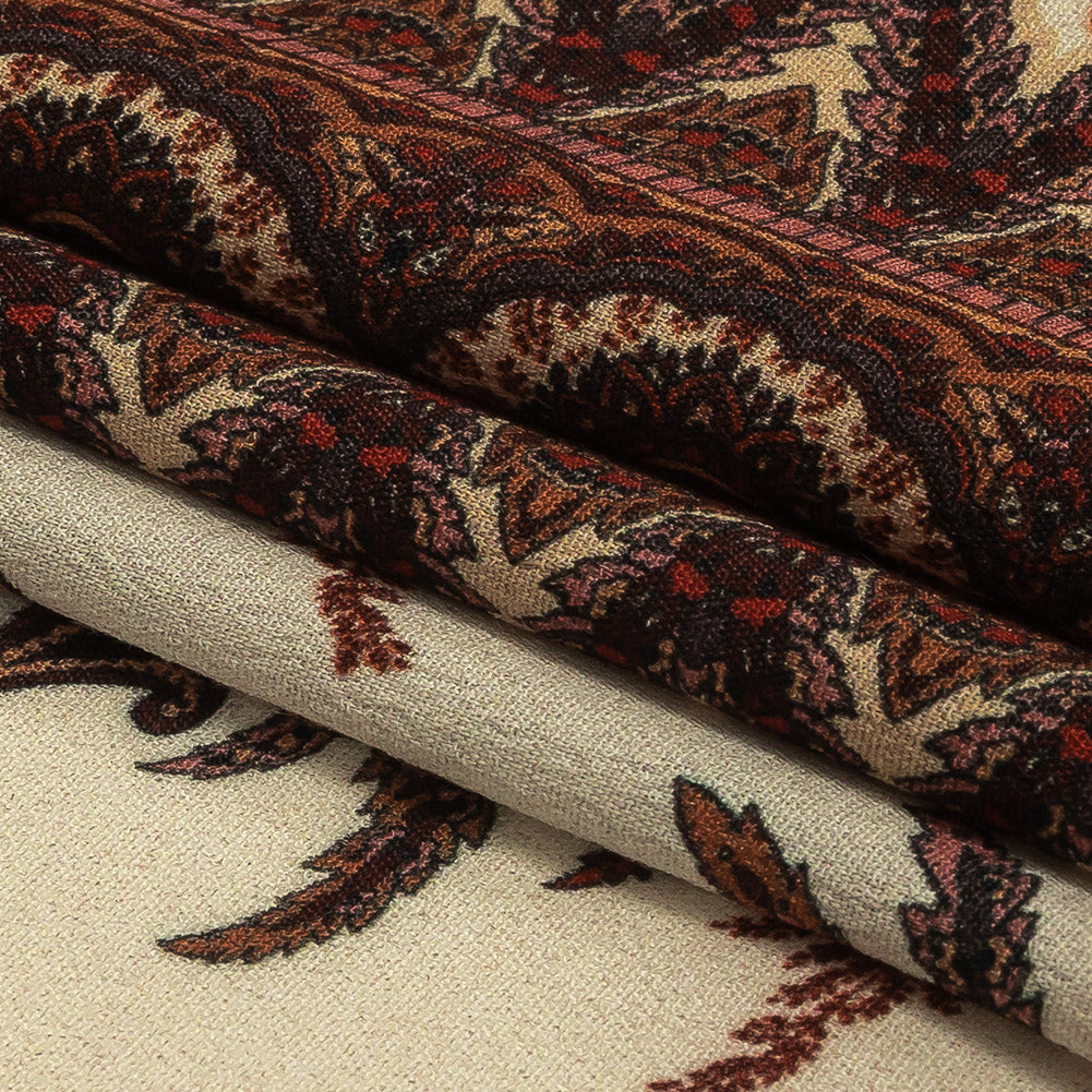Viscose Crepe Panel - Beige and Burgundy Paisley Decorative Squares - Mood Exclusive Destination Dubai