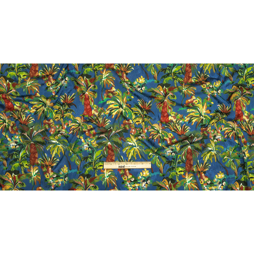Crinkled Leafy Polyester Jacquard Print - Galaxy Blue, Green and Red Palm Trees - Mood Exclusive Beach Babe